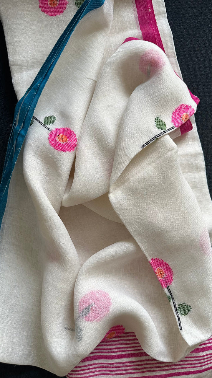 SUPER PREMIUM HANDWOVEN NEEDLE-WORK JAMDANI JAYASHREE LINEN SAREE - SUNFLOWERS ON IVORY