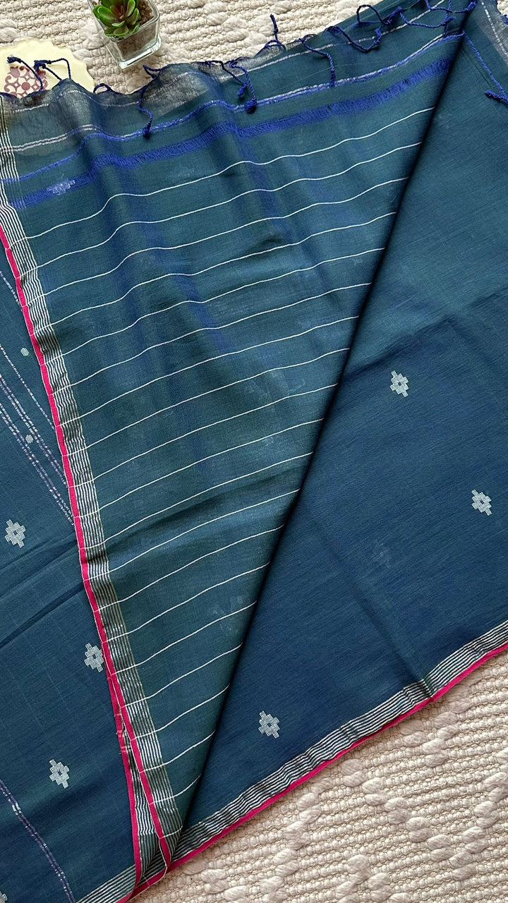 PREMIUM JAMDANI WEAVE HANDWOVEN AND HANDSPUN COTTON SAREE - PEACOCK BLUE