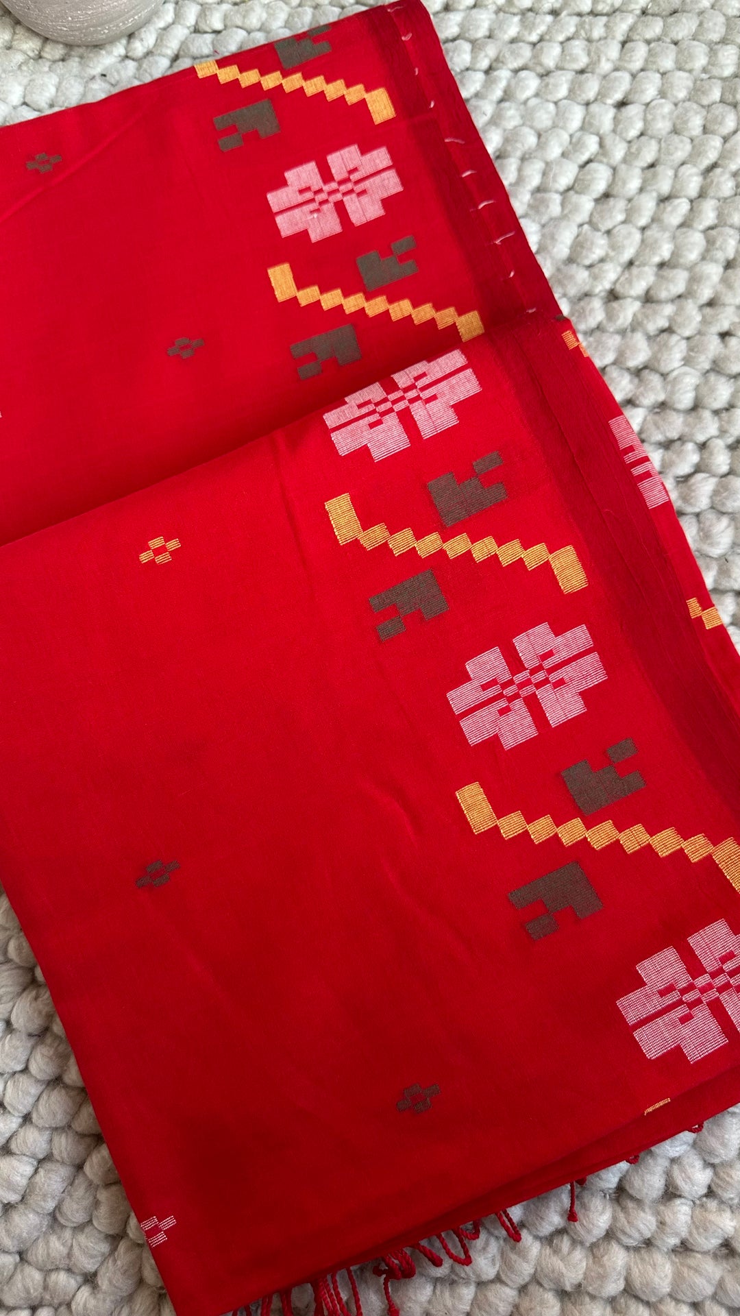 PREMIUM NEEDLE WORK JAMDANI HANDWOVEN COTTON SAREE - CLASSIC RED