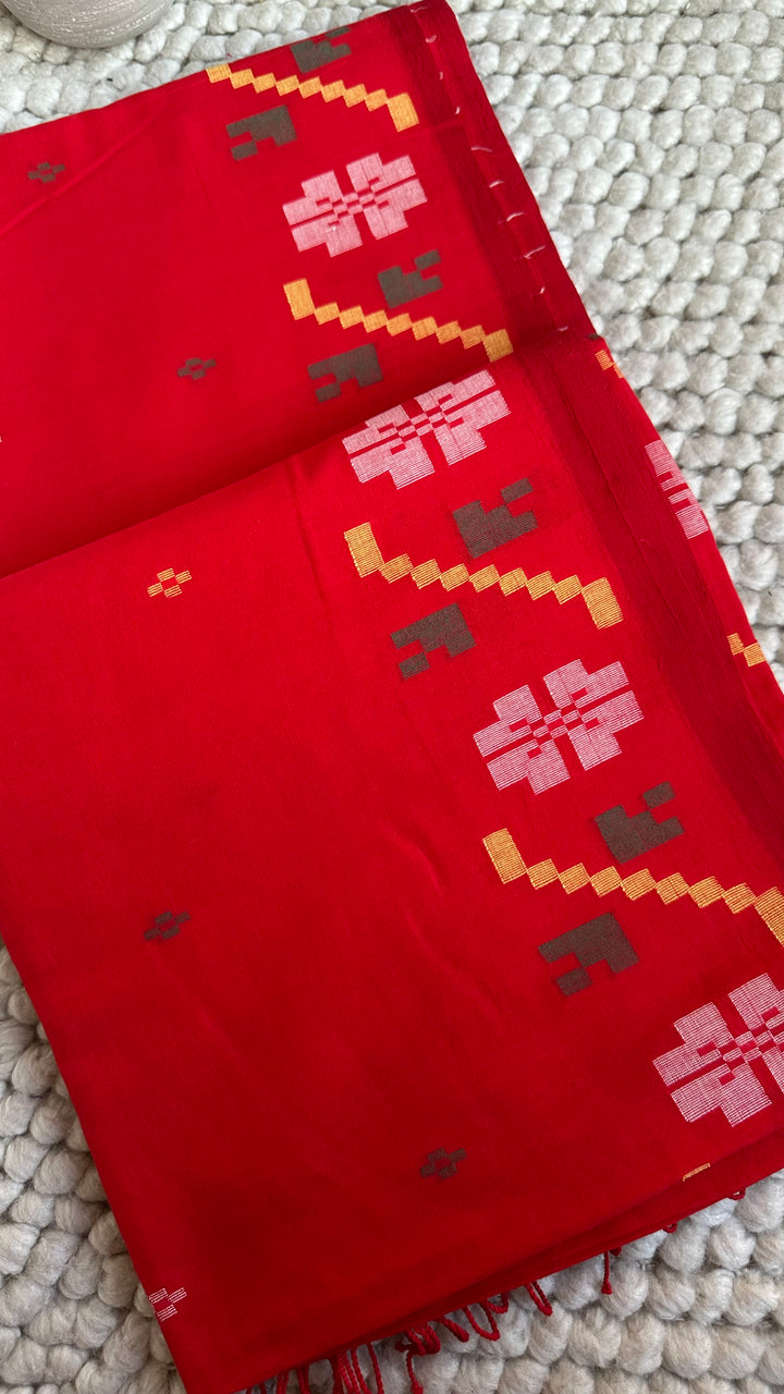 PREMIUM NEEDLE WORK JAMDANI HANDWOVEN COTTON SAREE - CLASSIC RED