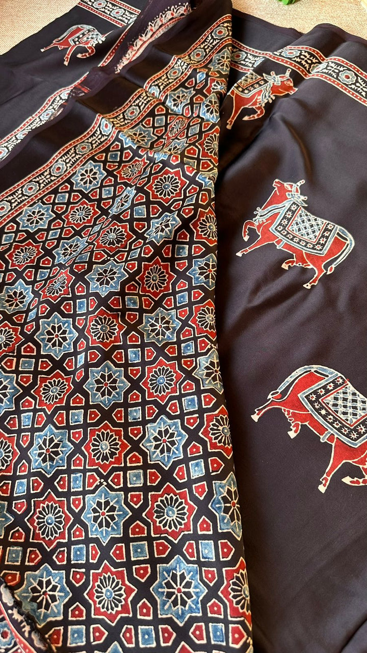 BLACK PICHWAI NANDI - AJRAKH HAND BLOCK PRINTED MODAL SILK SAREE (ONLY AVAILABLE ON PRE ORDER - DISPATCH TIME IS 30-40 DAYS)