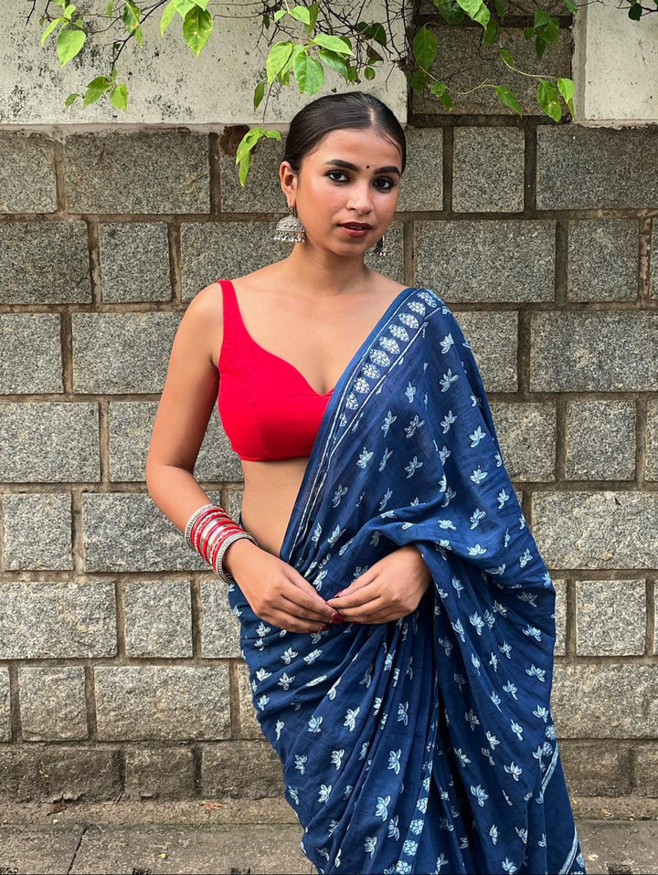 AKOLA INDIGO HAND BLOCK DABU PRINTED SOFT MULMUL COTTON SAREE- 006