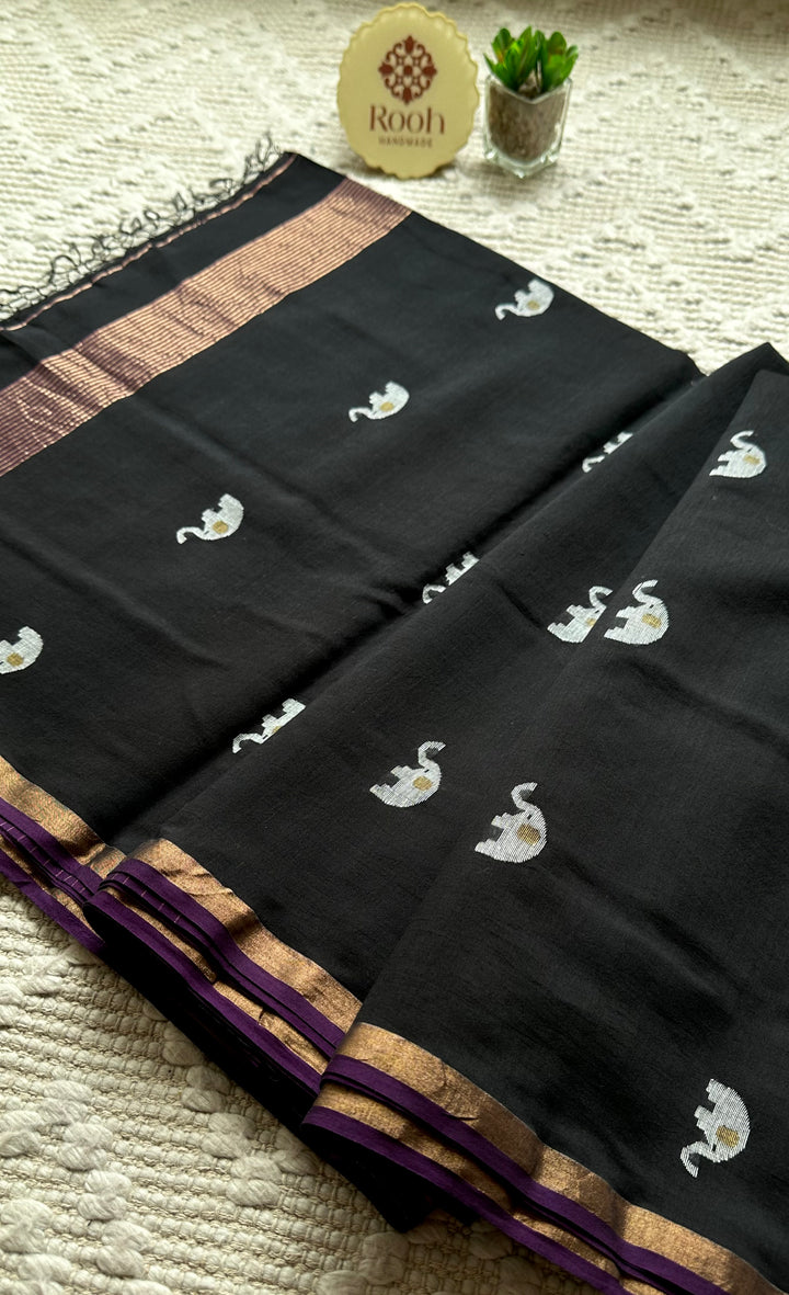 PREMIUM JAMDANI WEAVE HANDWOVEN PURE SILK BY PURE COTTON SAREE - OXFORD BLACK