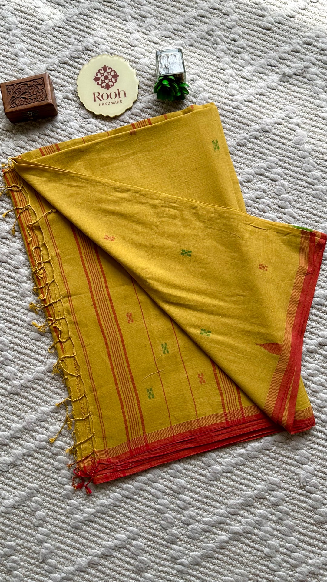 PREMIUM JAMDANI WEAVE HANDWOVEN AND HANDSPUN COTTON SAREE -  AMBER YELLOW