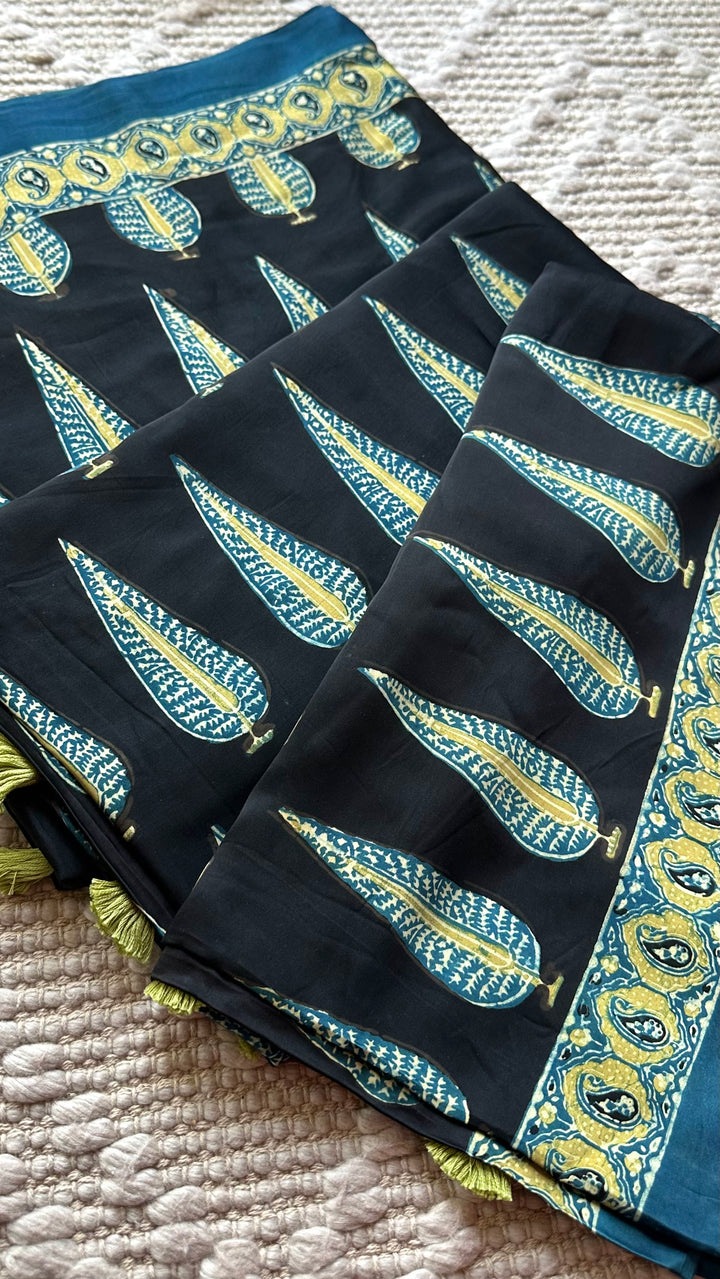 MIDNIGHT PINES - SUPER PREMIUM & BUTTERY SOFT AJRAKH HAND BLOCK PRINTED MODAL SILK SAREE