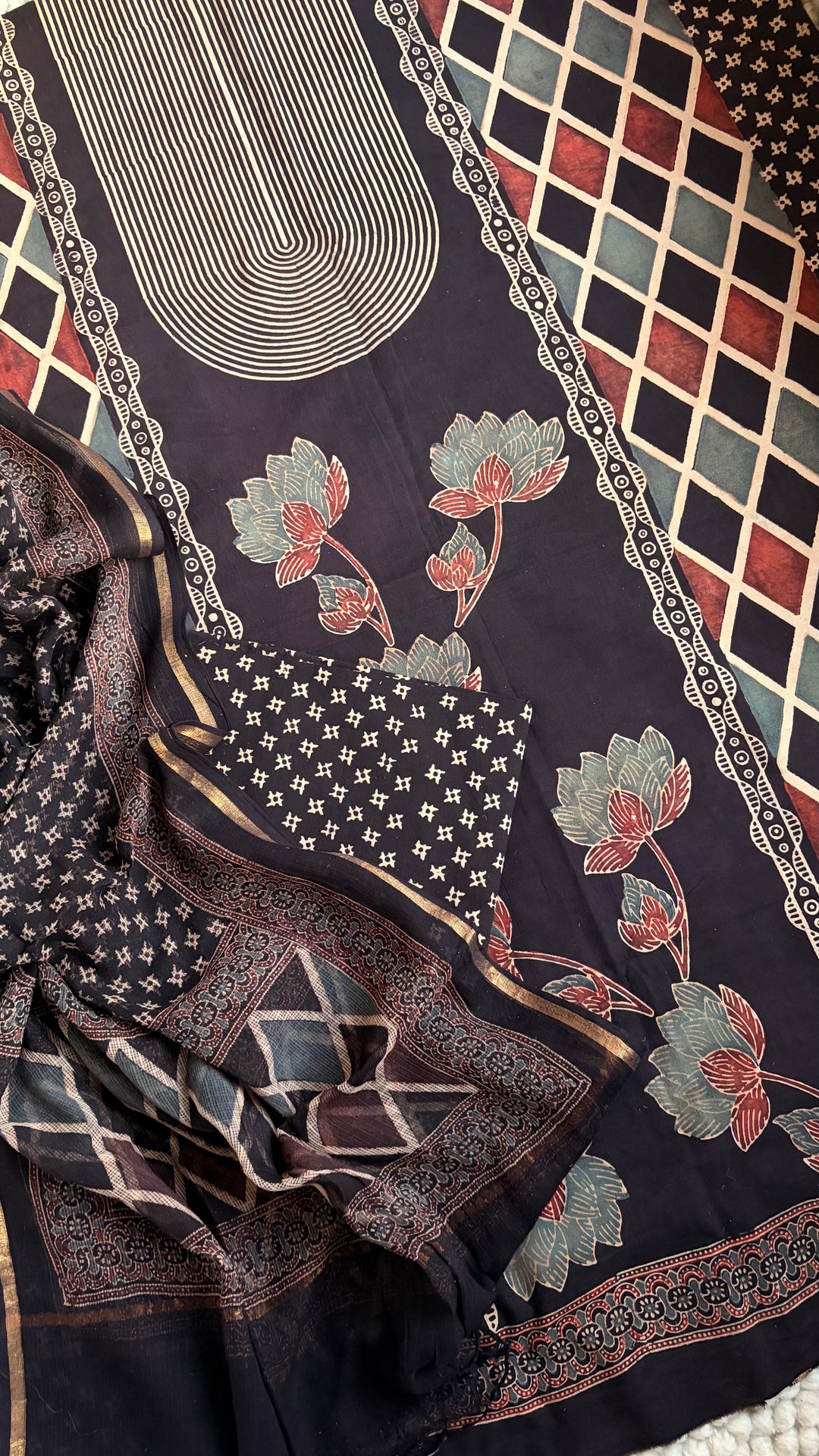 AJRAKH HANDBLOCK PRINTED UNSTITCHED DRESS MATERIAL (SET OF THREE)- CHARCOAL BLACK