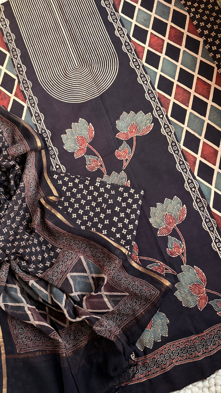 AJRAKH HANDBLOCK PRINTED UNSTITCHED DRESS MATERIAL (SET OF THREE)- CHARCOAL BLACK