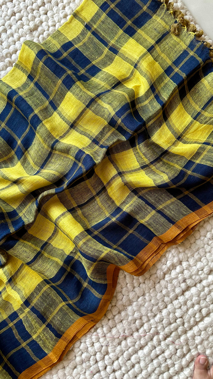Multi Colour Checked Pure Handwoven Linen Saree - 010