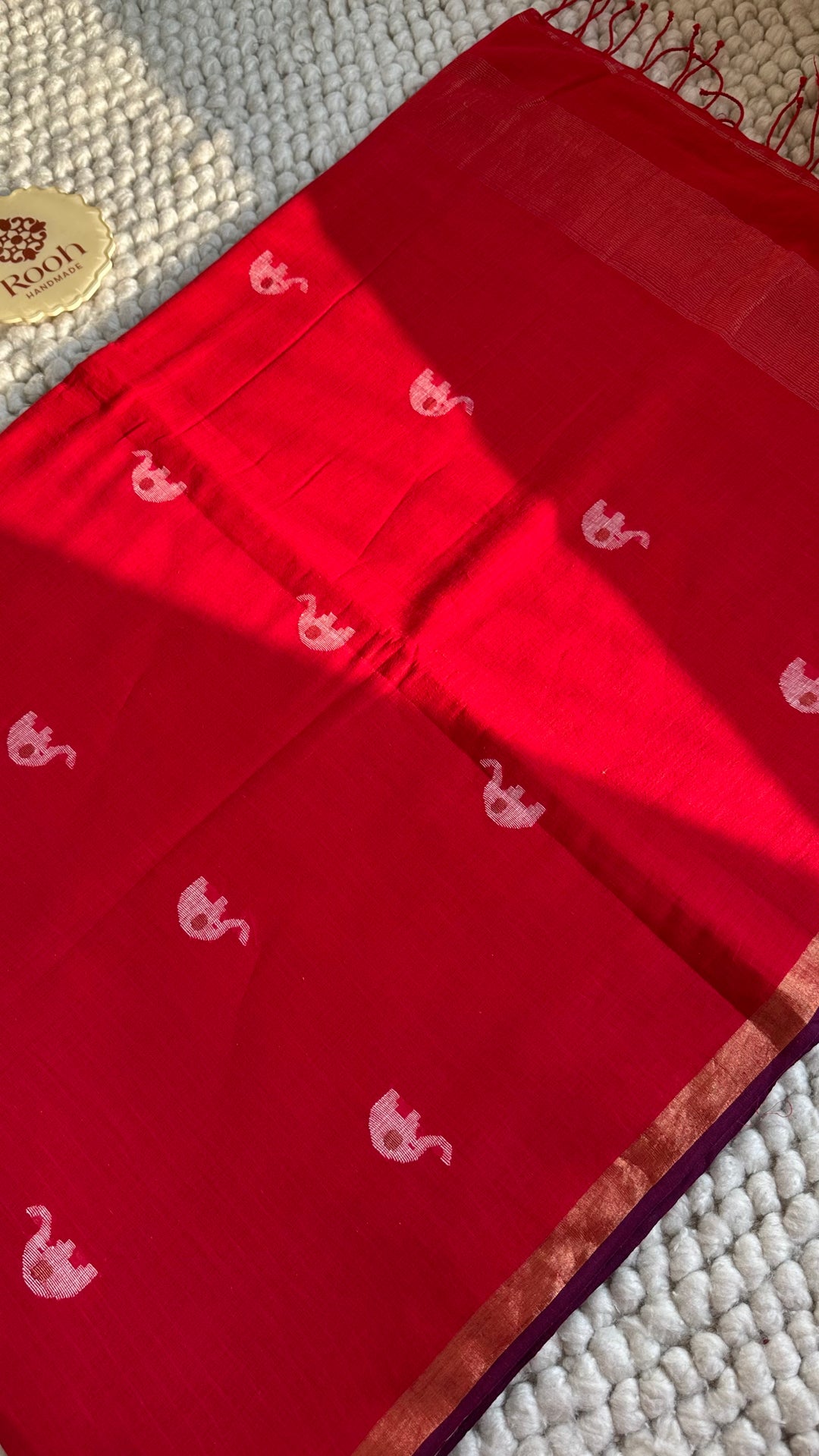 PREMIUM JAMDANI WEAVE HANDWOVEN AND HANDSPUN COTTON SAREE - CANDID RED