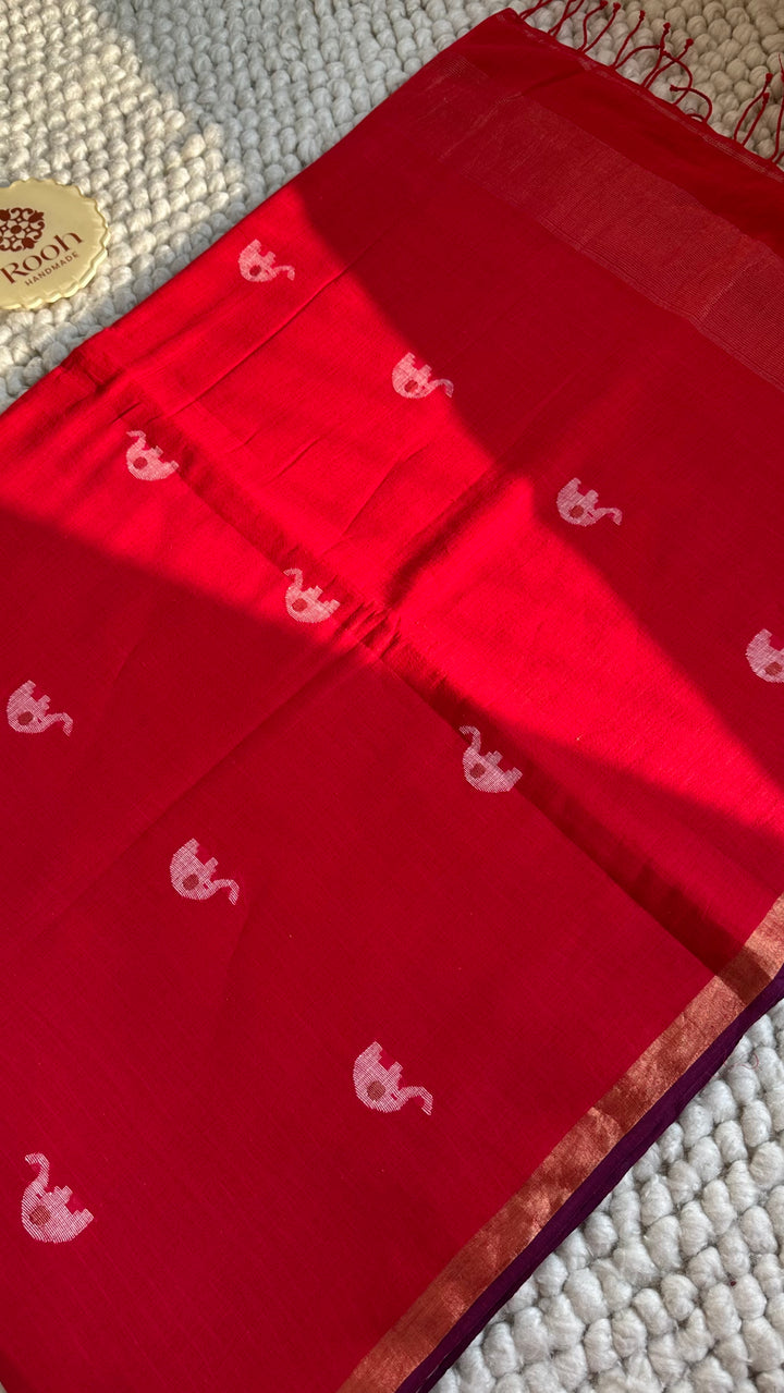 PREMIUM JAMDANI WEAVE HANDWOVEN AND HANDSPUN COTTON SAREE - CANDID RED