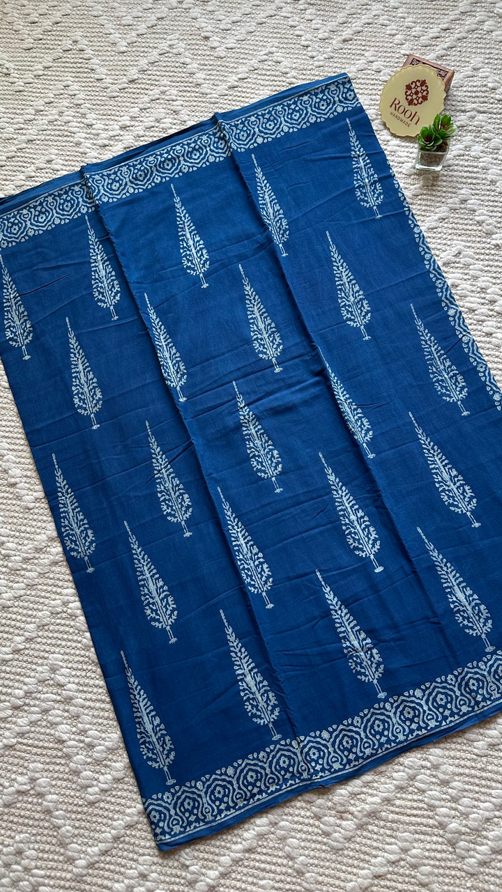 AKOLA INDIGO HAND BLOCK DABU PRINTED SOFT MULMUL COTTON SAREE- 016