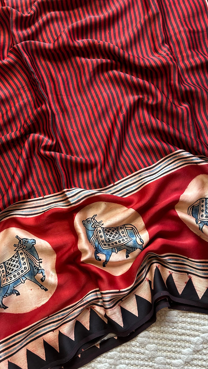 RED AND BLACK STRIPED PICHWAI - PREMIUM  AJRAKH HAND BLOCK PRINTED MODAL SILK SAREE (AVAILABLE ON PRE-ORDER - DISPATCH TIME IS 30-35 DAYS)