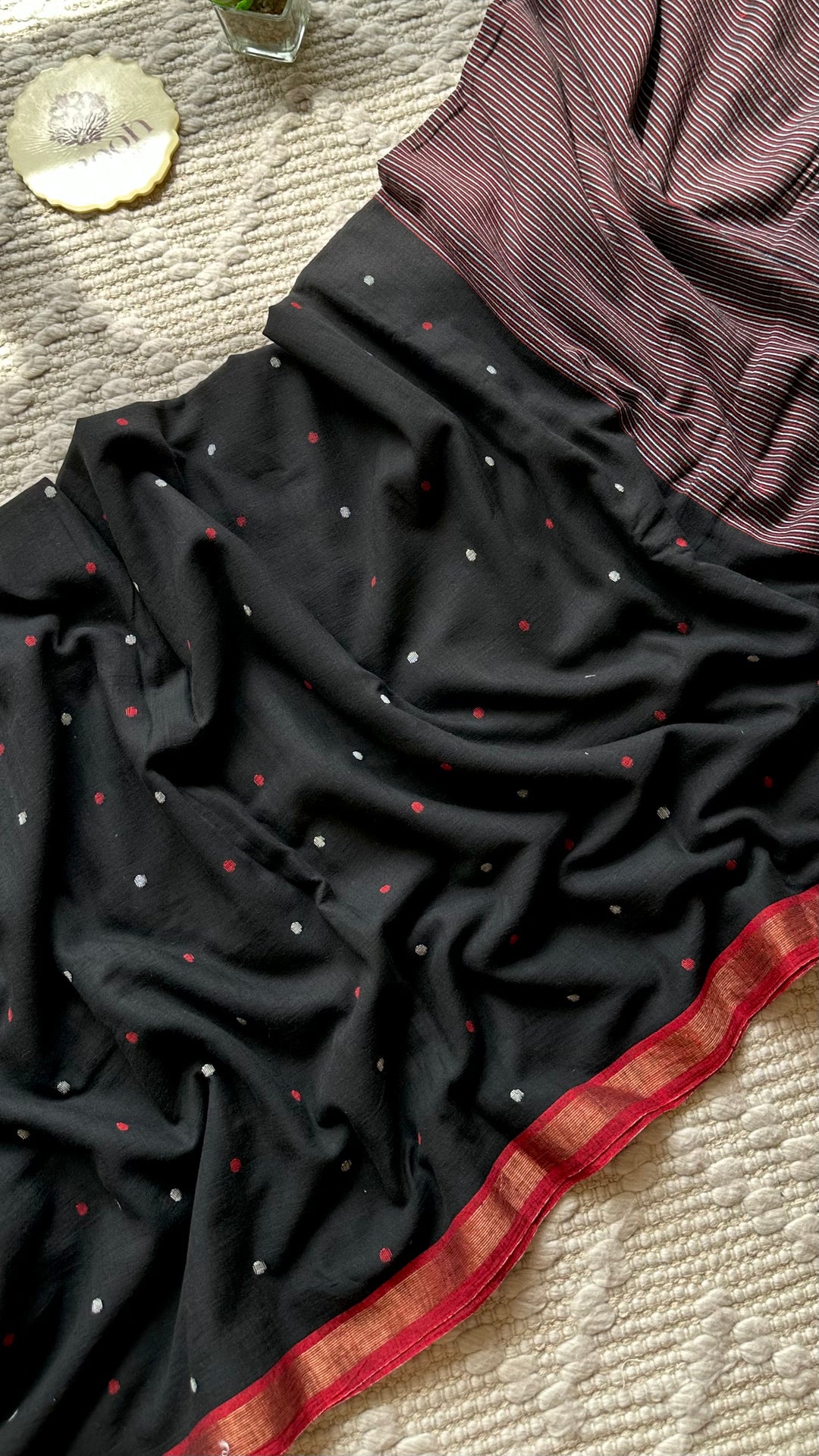 PREMIUM JAMDANI WEAVE HANDWOVEN AND HANDSPUN COTTON SAREE -  POLKA DOTS ON MIDNIGHT BLACK