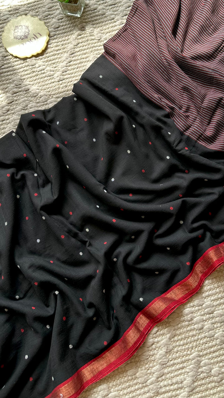 PREMIUM JAMDANI WEAVE HANDWOVEN AND HANDSPUN COTTON SAREE -  POLKA DOTS ON MIDNIGHT BLACK