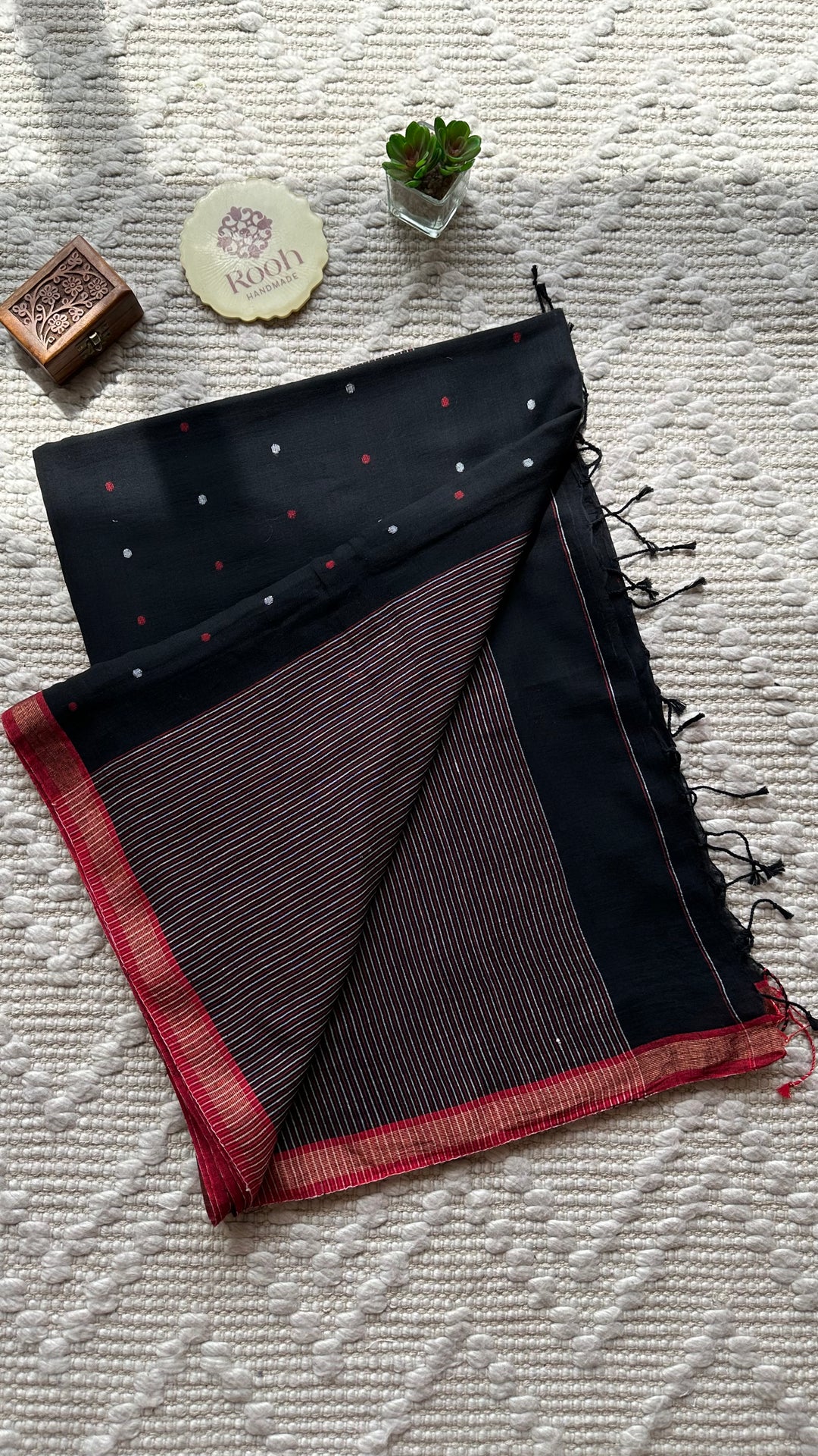 PREMIUM JAMDANI WEAVE HANDWOVEN AND HANDSPUN COTTON SAREE -  POLKA DOTS ON MIDNIGHT BLACK