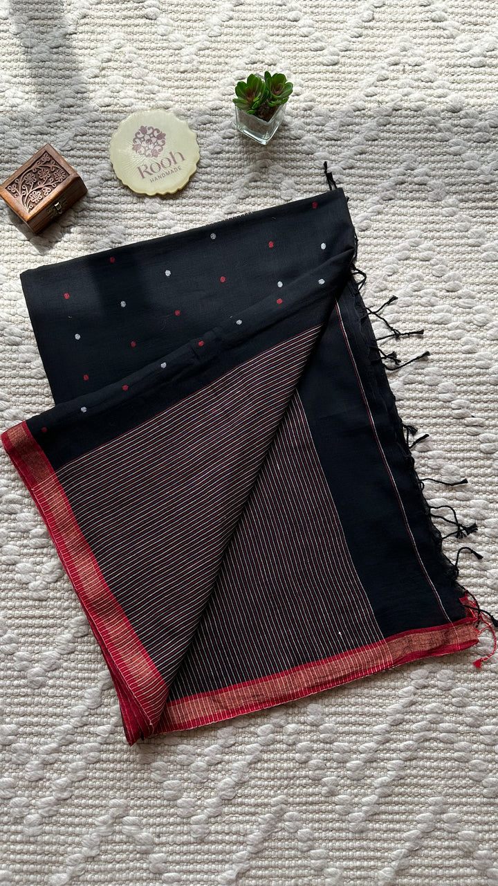 PREMIUM JAMDANI WEAVE HANDWOVEN AND HANDSPUN COTTON SAREE -  POLKA DOTS ON MIDNIGHT BLACK