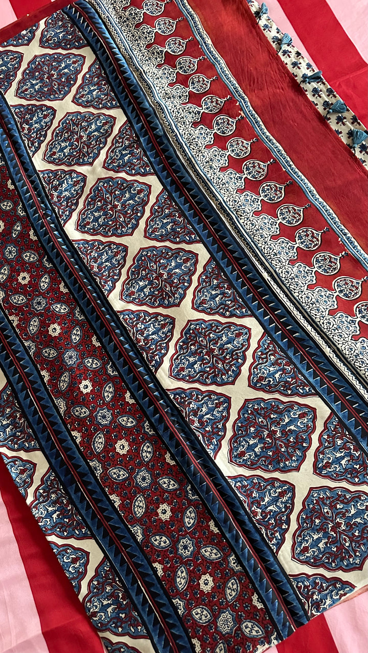 KIARA - IVORY AND MADDER RED AJRAKH HAND BLOCK PRINTED PREMIUM MODAL SILK SAREE