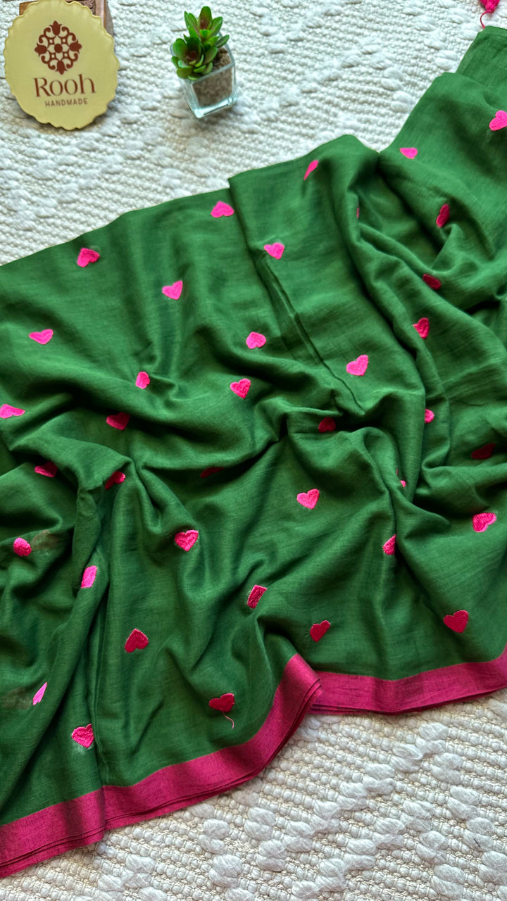 DIL - FOREST GREEN & PINK SUPER SOFT MUL COTTON SAREE