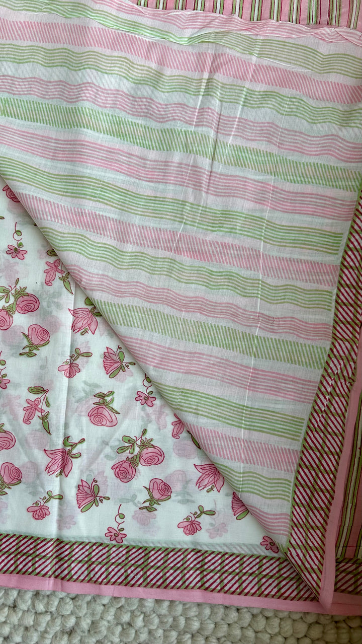 SANGANERI HAND BLOCK PRINTED SOFT COTTON SAREE- ENGLISH GARDEN