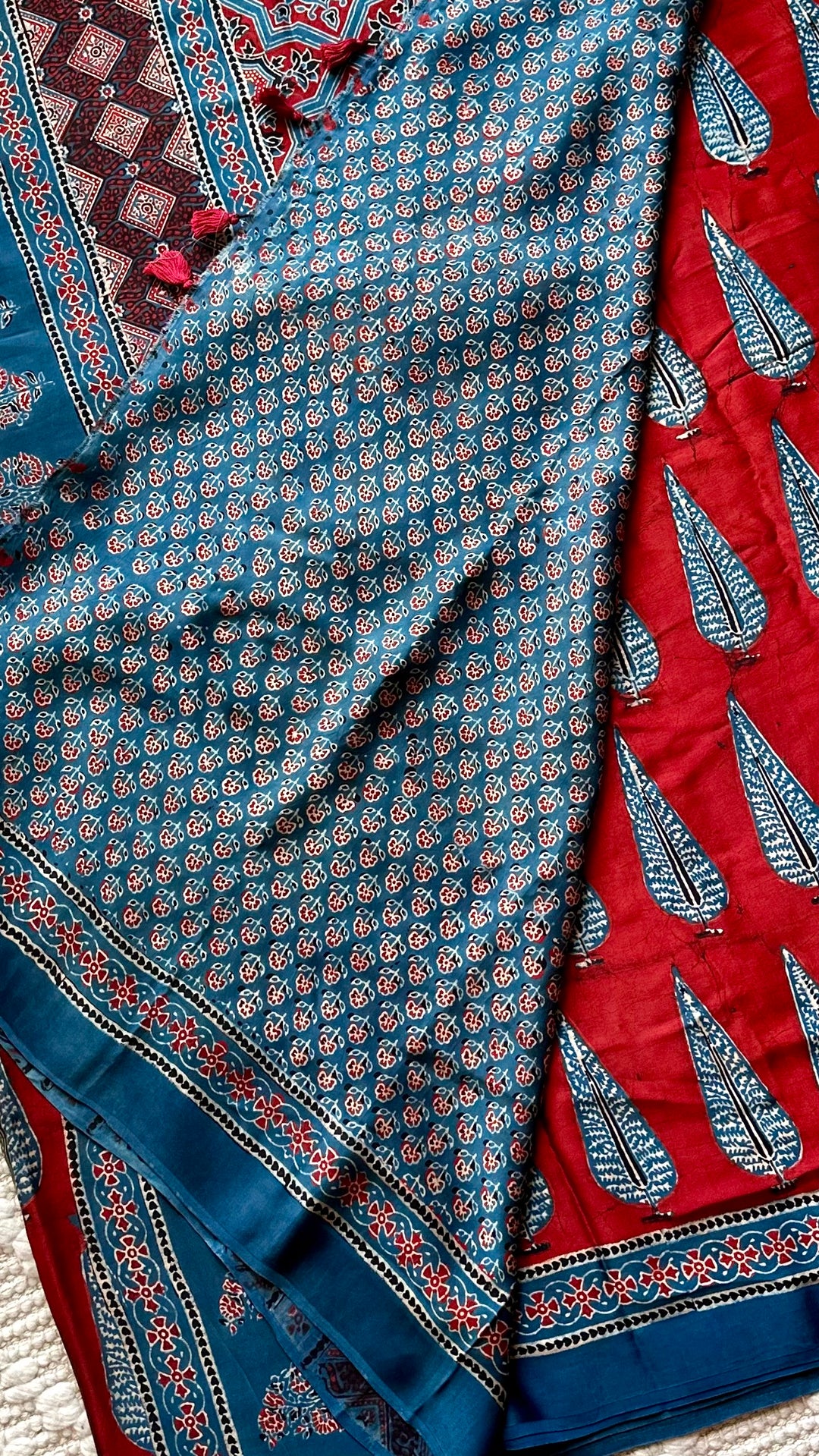 MADDER PINES - SUPER PREMIUM & BUTTERY SOFT AJRAKH HAND BLOCK PRINTED MODAL SILK SAREE (DISPATCH TIME - 7 TO 10 DAYS)