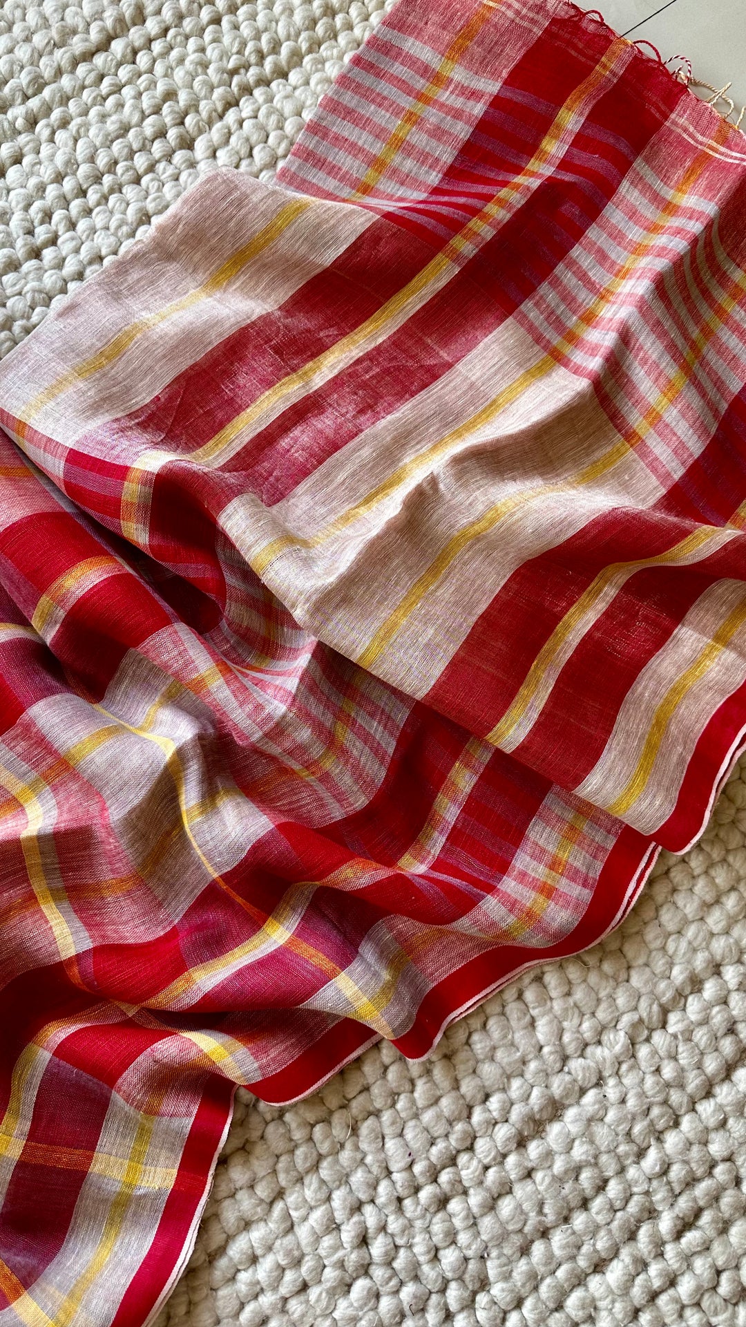 Multi Colour Checked Pure Handwoven Linen Saree - 003