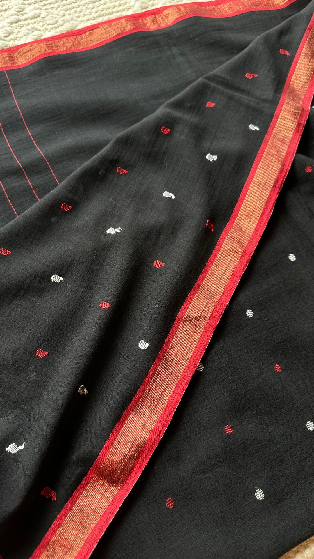 PREMIUM JAMDANI WEAVE HANDWOVEN AND HANDSPUN COTTON SAREE -  POLKA DOTS ON MIDNIGHT BLACK