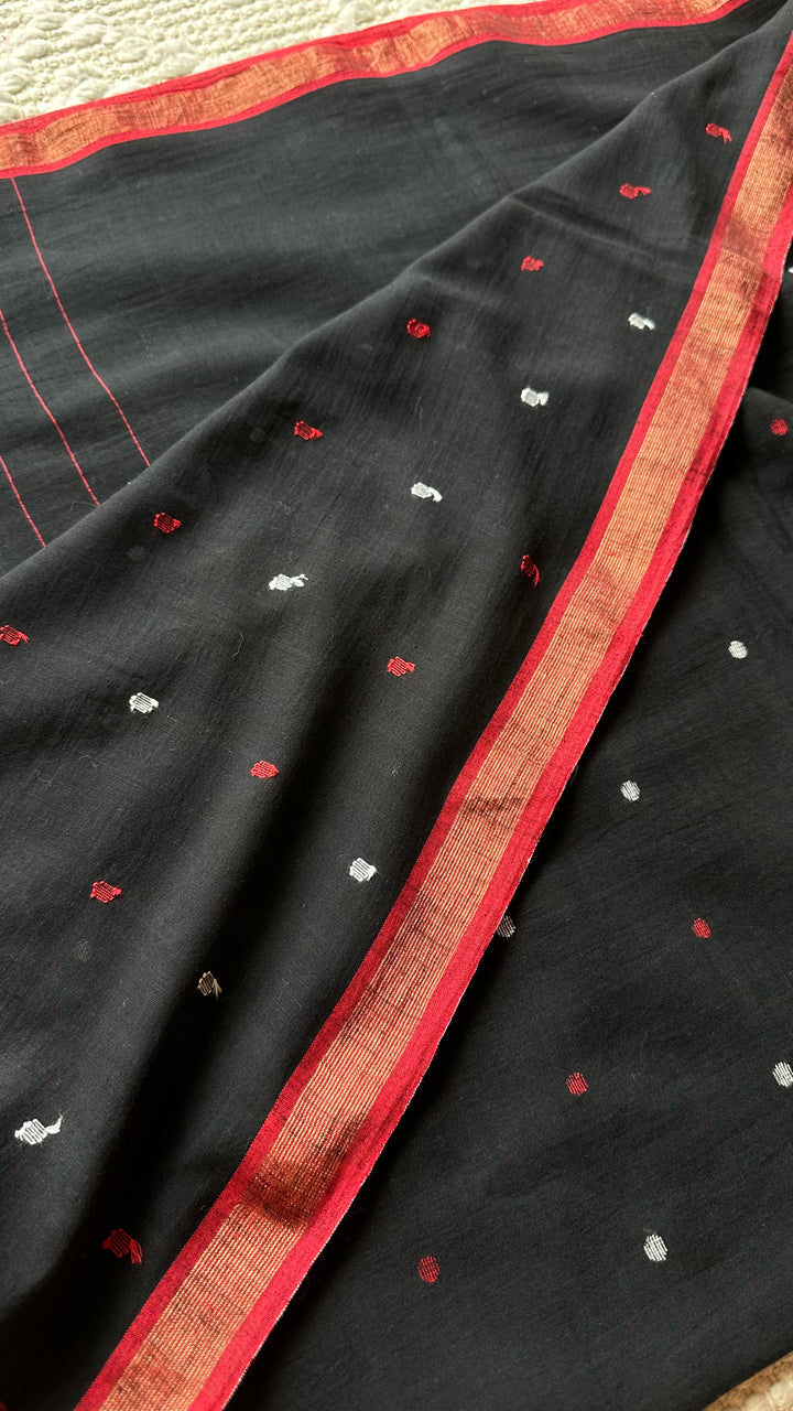 PREMIUM JAMDANI WEAVE HANDWOVEN AND HANDSPUN COTTON SAREE -  POLKA DOTS ON MIDNIGHT BLACK