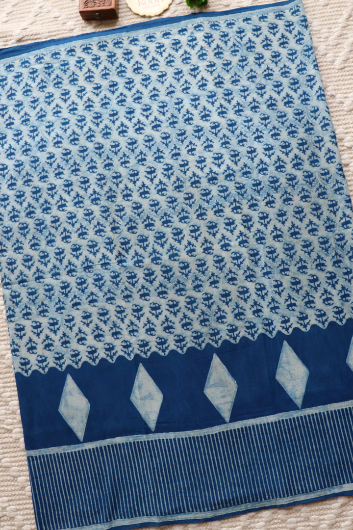 AKOLA INDIGO HAND BLOCK DABU PRINTED SOFT MULMUL COTTON SAREE- 018