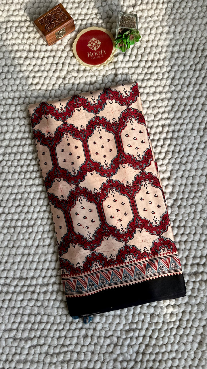 IVORY PANES - AJRAKH HAND BLOCK PRINTED PREMIUM MODAL SILK SAREE