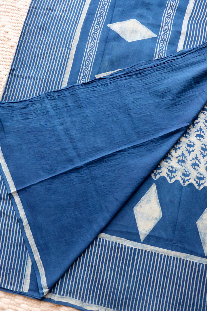 AKOLA INDIGO HAND BLOCK DABU PRINTED SOFT MULMUL COTTON SAREE- 018