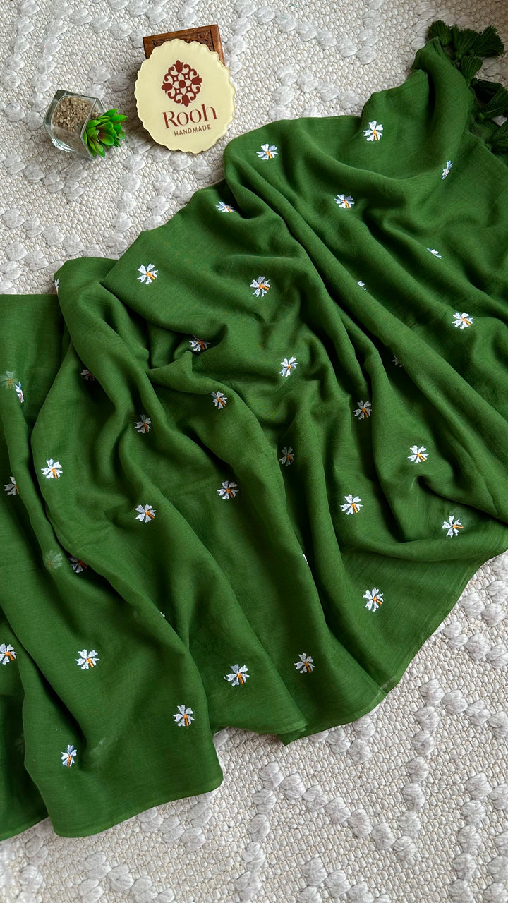 SHIULI - FOREST GREEN SUPER SOFT MUL COTTON SAREE (DISPATCH TIME - 7 TO 10 DAYS)