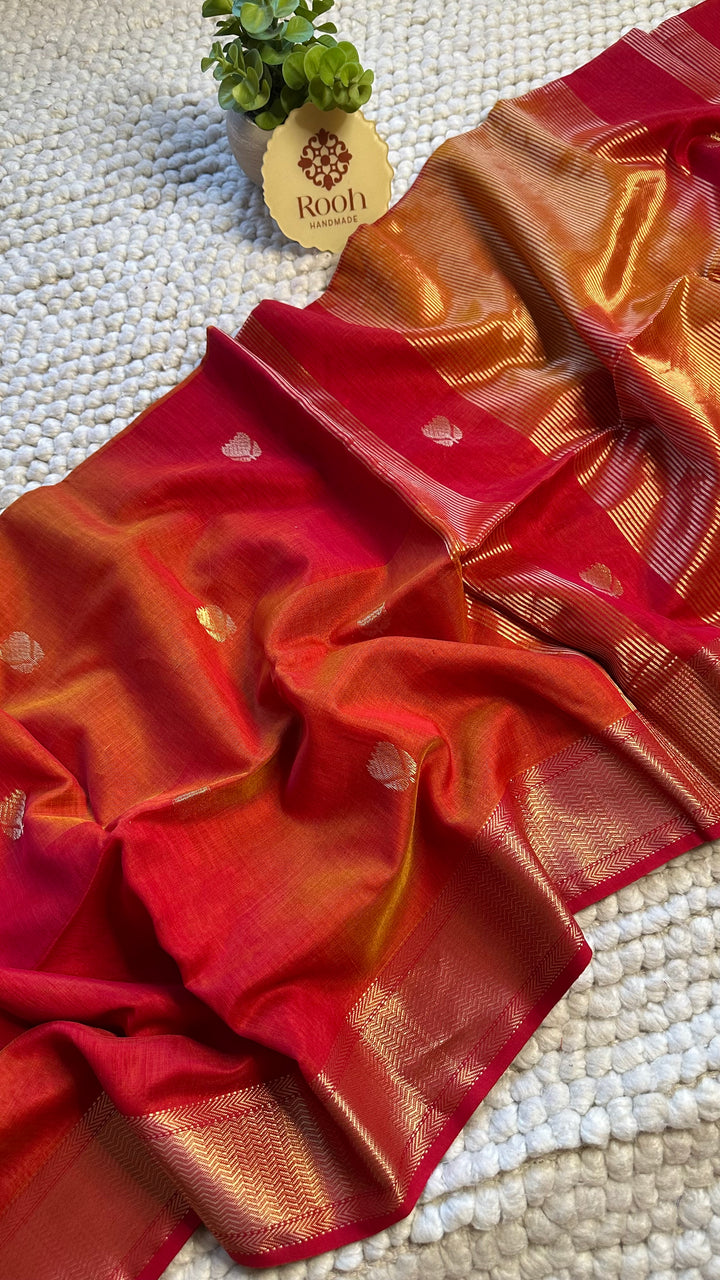 WARM RED & SUNSHINE YELLOW DUAL TONE- PREMIUM HANDWOVEN MAHESHWARI SILK BY COTTON SAREE