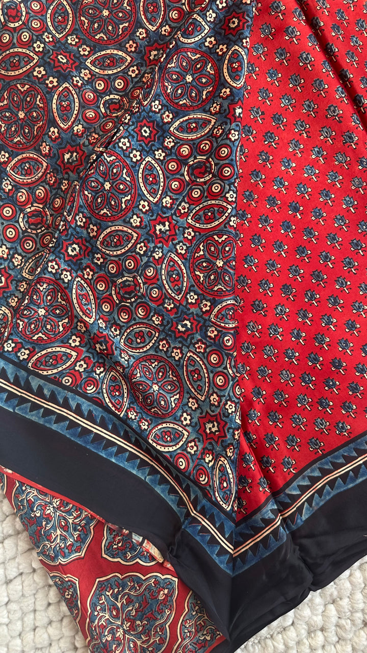 LOTUS ON MADDER RED - PREMIUM AJRAKH HAND BLOCK PRINTED PREMIUM MODAL SILK SAREE