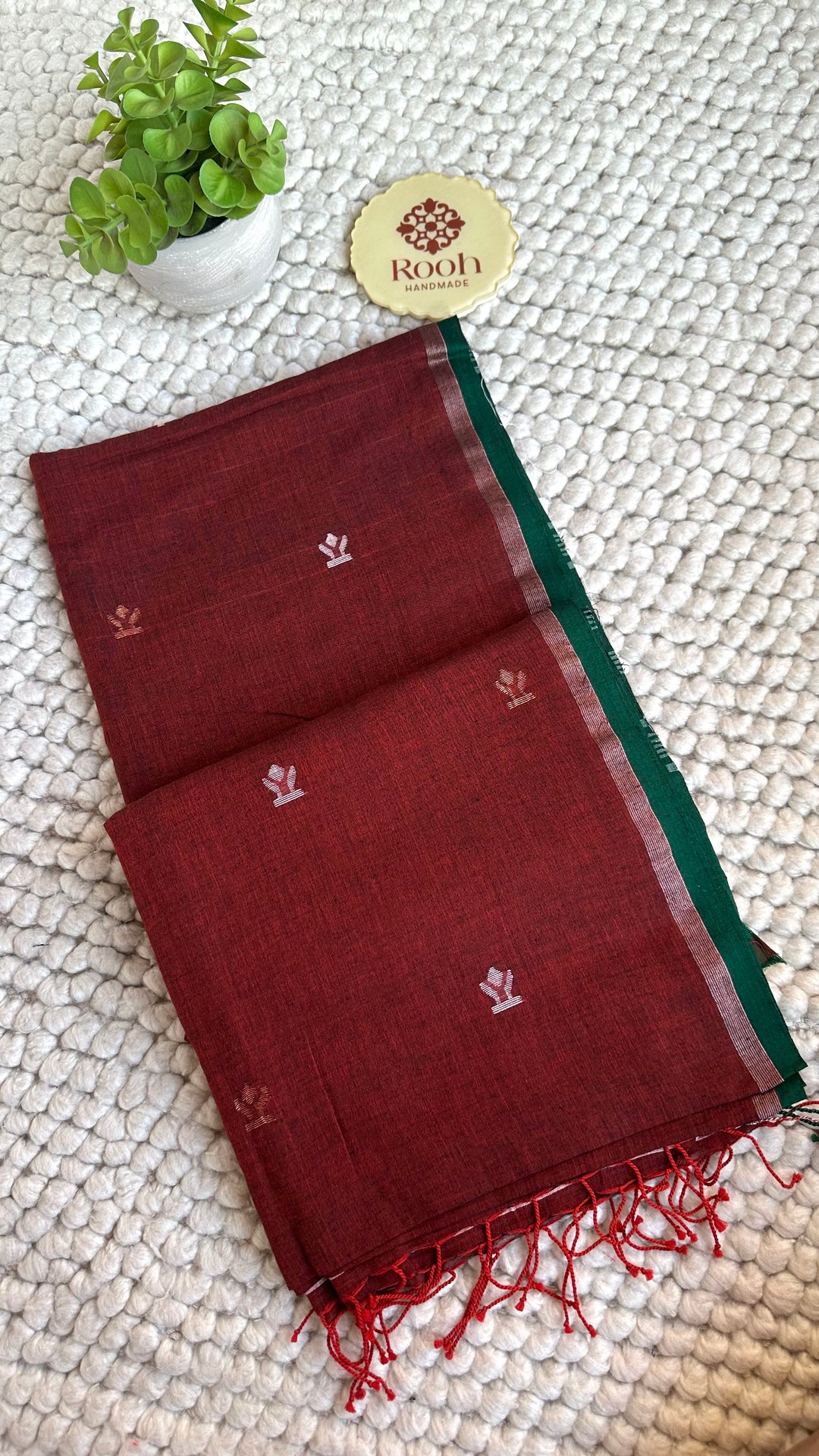 PREMIUM NEEDLE WORK JAMDANI HANDWOVEN AND HANDSPUN COTTON SAREE - RUST BROWN