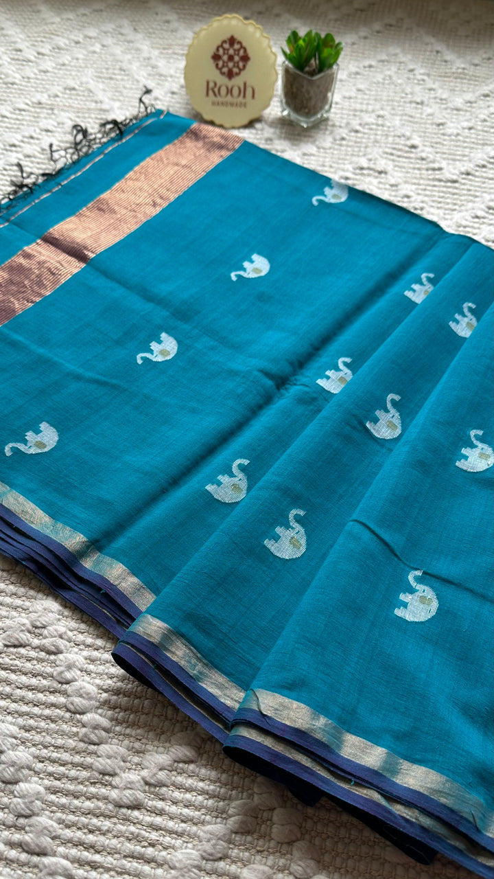 PREMIUM JAMDANI WEAVE HANDWOVEN PURE SILK BY PURE COTTON SAREE - TEAL BLUE