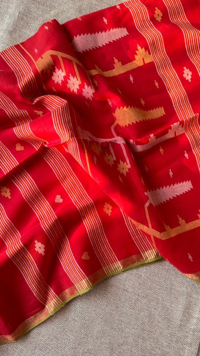 PREMIUM JAMDANI WEAVE HANDWOVEN AND HANDSPUN COTTON SAREE - VERMILLION RED (AVAILABLE ON PRE ORDER - DISPATCH TIME IS 30 TO 40 DAYS)