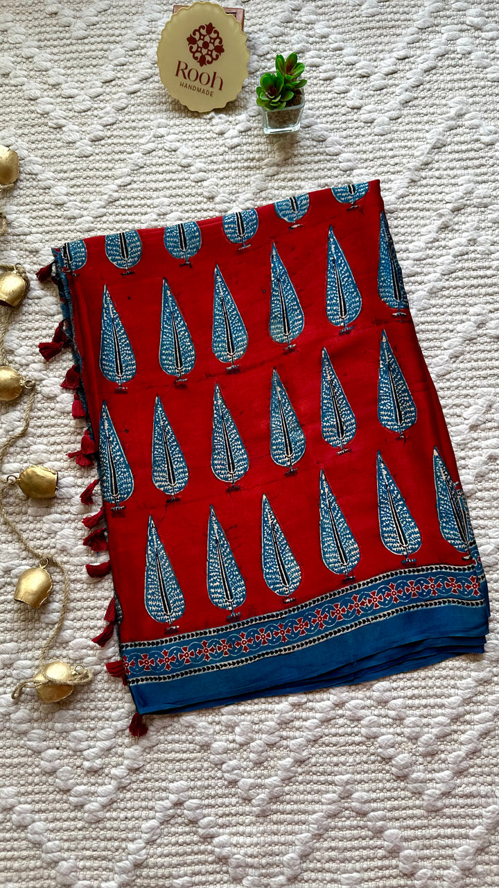 MADDER PINES - SUPER PREMIUM & BUTTERY SOFT AJRAKH HAND BLOCK PRINTED MODAL SILK SAREE (DISPATCH TIME - 7 TO 10 DAYS)