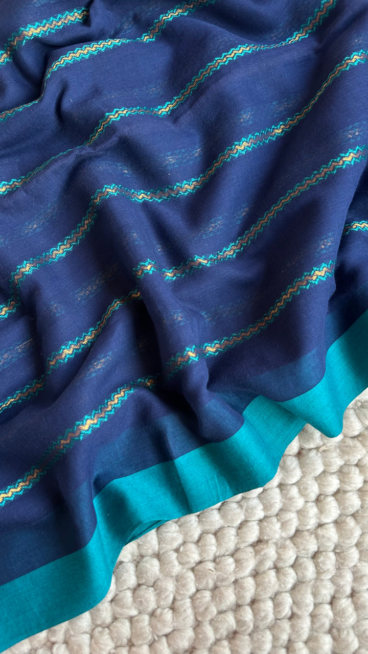 NAVI BLUE ZARI LINES PURE SUPER SOFT MULMUL COTTON SAREE - 019