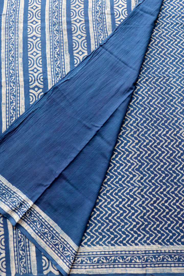 AKOLA INDIGO HAND BLOCK DABU PRINTED SOFT MULMUL COTTON SAREE- 023