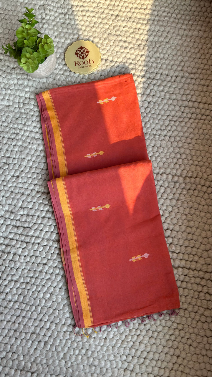 PREMIUM NEEDLE WORK JAMDANI HANDWOVEN AND HANDSPUN COTTON SAREE - PEACHY ORANGE