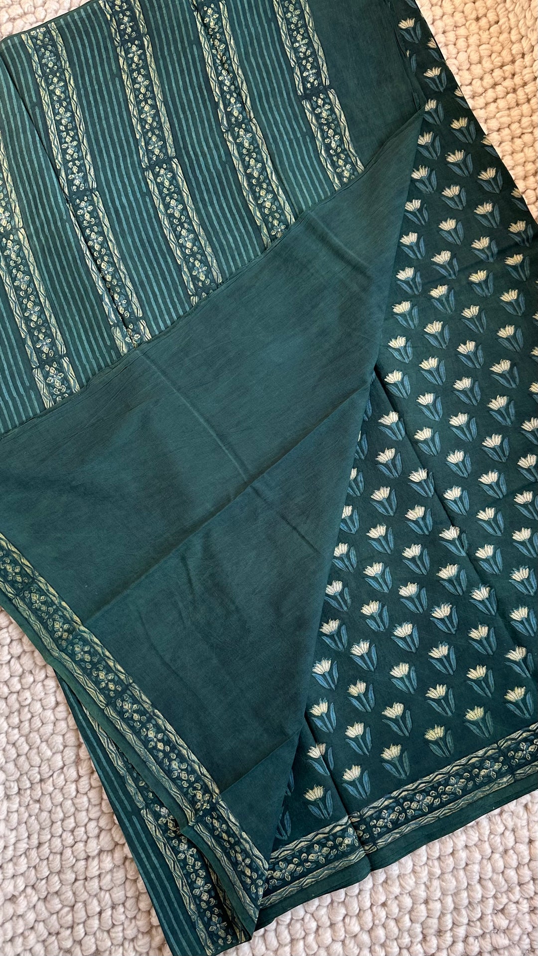 AKOLA INDIGO GREEN HAND BLOCK DABU PRINTED SOFT MULMUL COTTON SAREE- 032