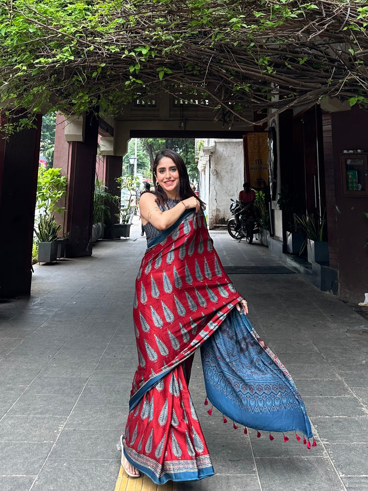 MADDER PINES - SUPER PREMIUM & BUTTERY SOFT AJRAKH HAND BLOCK PRINTED MODAL SILK SAREE (ONLY AVAILABLE ON PRE ORDER- DISPATCH TIME IS 35 TO 40 DAYS)