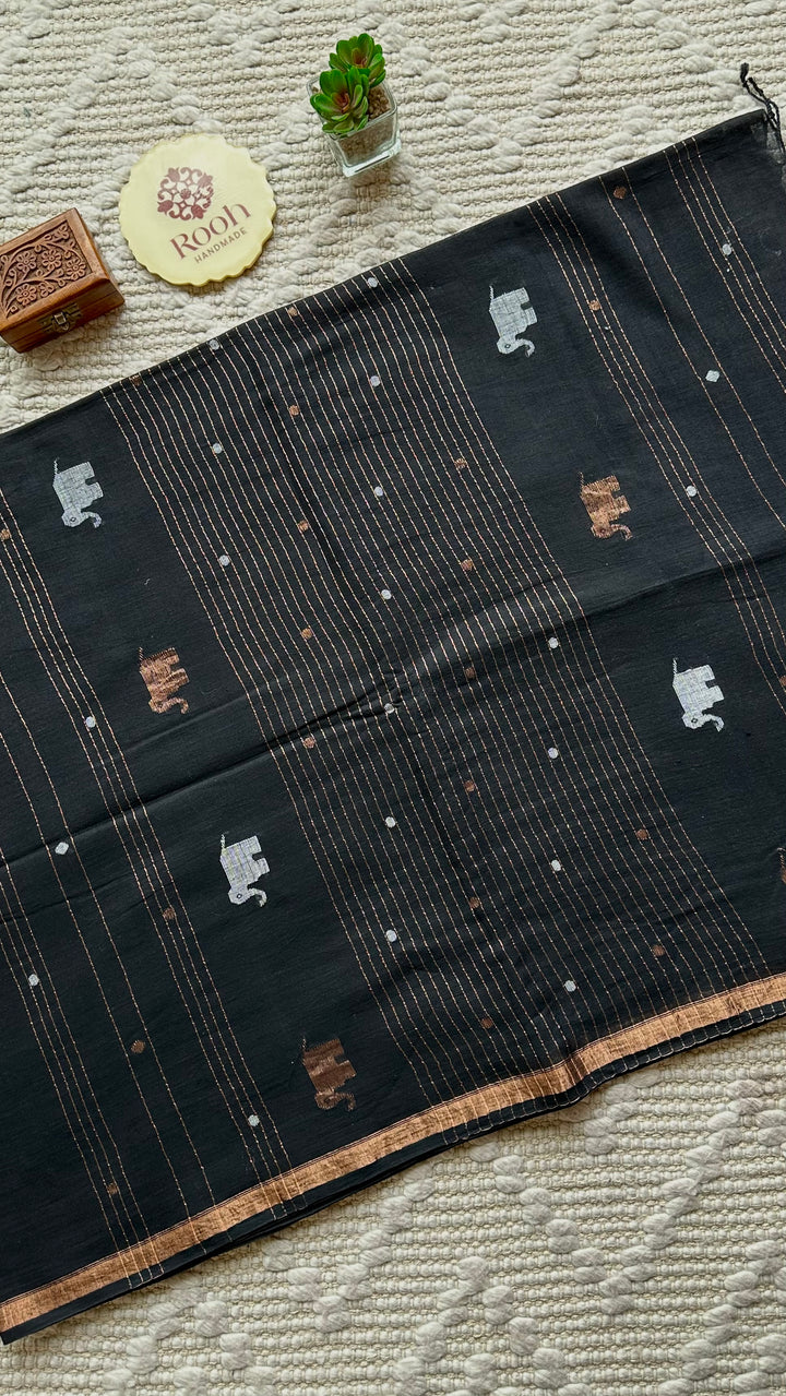 PREMIUM JAMDANI WEAVE HANDWOVEN AND HANDSPUN COTTON SAREE - RICH BLACK