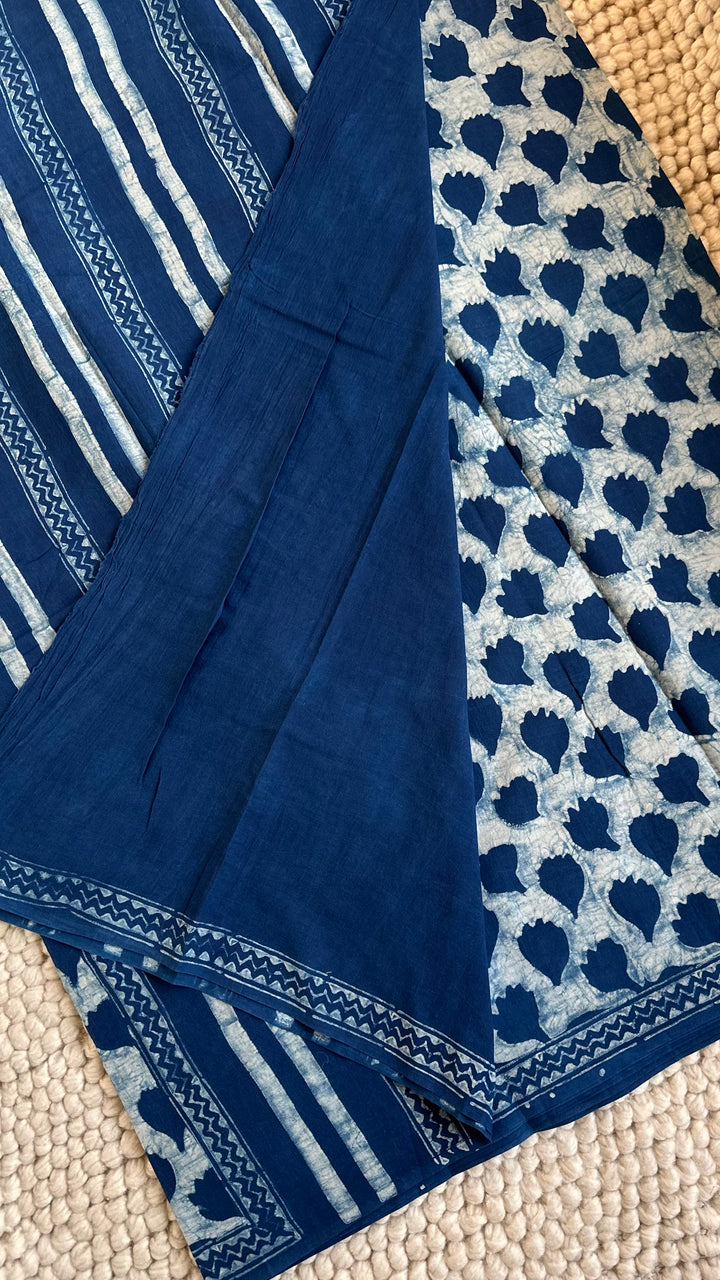 AKOLA INDIGO HAND BLOCK DABU PRINTED SOFT MULMUL COTTON SAREE- 028