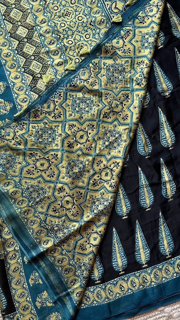 MIDNIGHT PINES - SUPER PREMIUM & BUTTERY SOFT AJRAKH HAND BLOCK PRINTED MODAL SILK SAREE