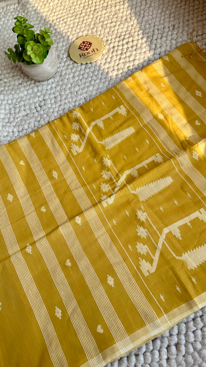 PREMIUM NEEDLE WORK JAMDANI HANDWOVEN AND HANDSPUN COTTON SAREE -  OCHRE YELLOW
