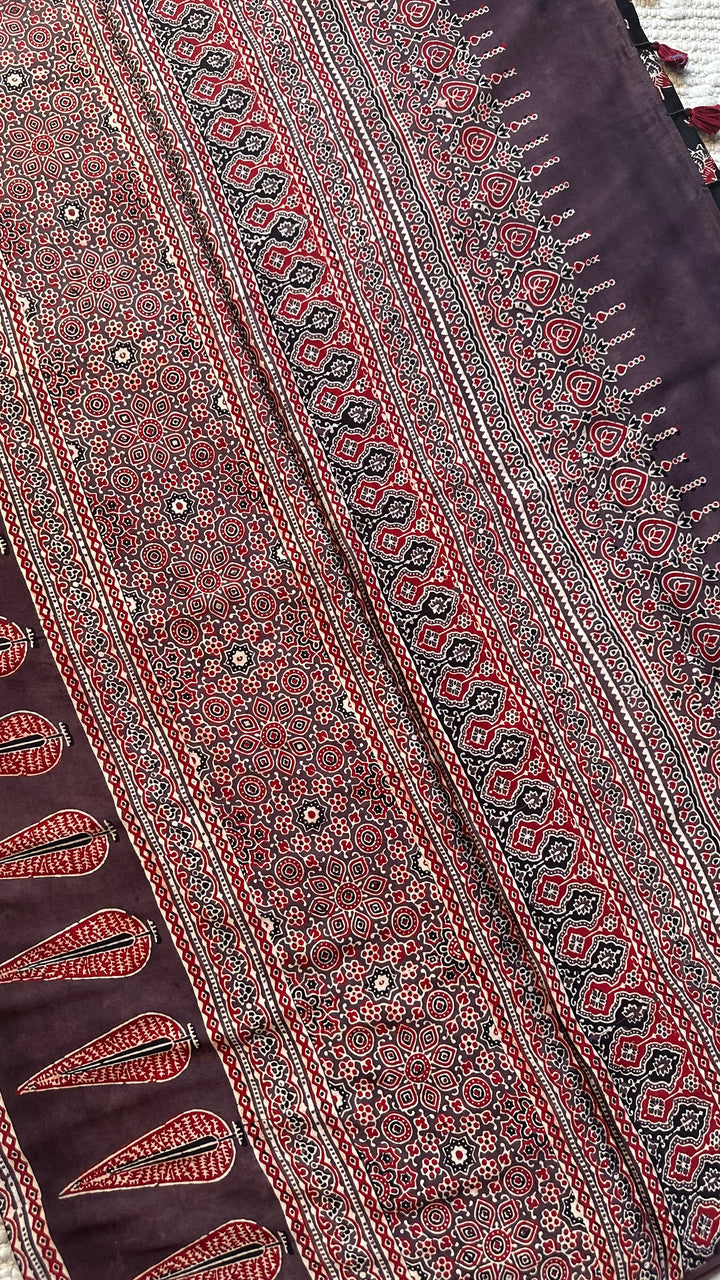 LOTUS BLOOMS 01 - SUPER PREMIUM & BUTTERY SOFT AJRAKH HAND BLOCK PRINTED MODAL SILK SAREE