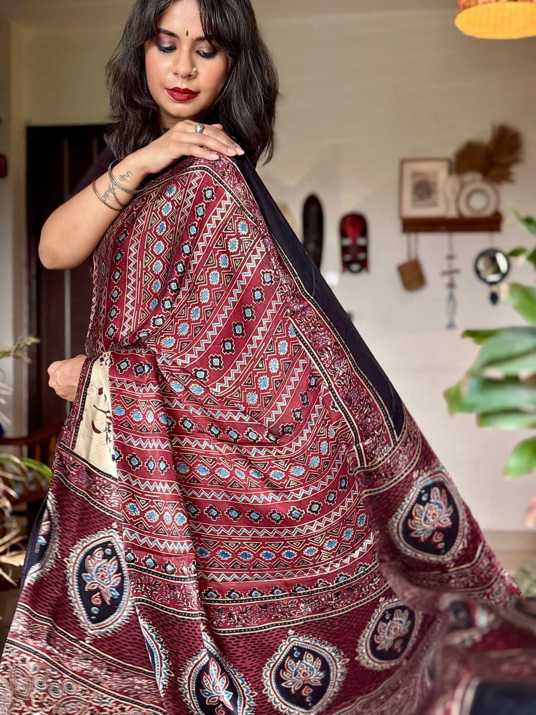 MAHOGANY RADIANCE - AJRAKH HAND BLOCK PRINTED MODAL SILK SAREE