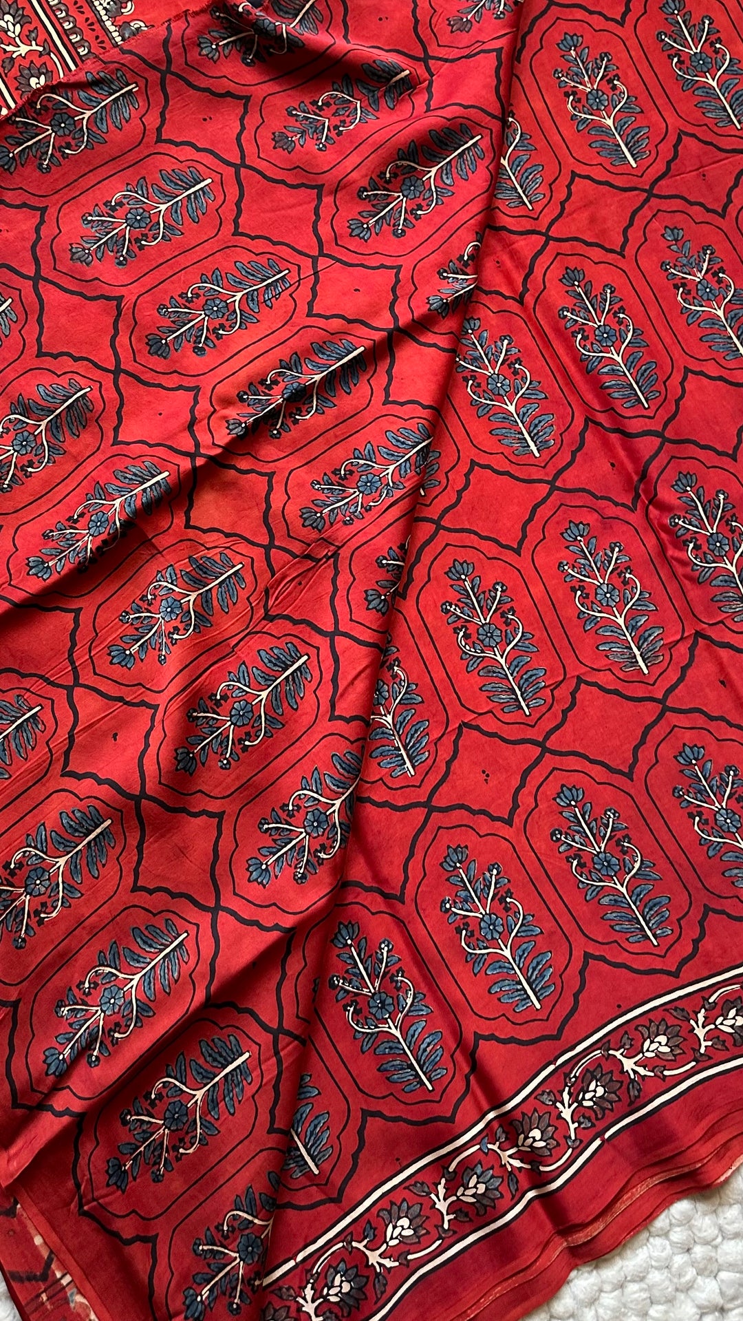 JHAROKHA- MADDER RED AJRAKH HAND BLOCK PRINTED PREMIUM MODAL SILK SAREE