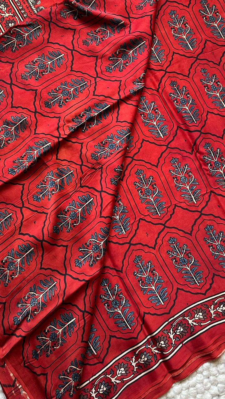 JHAROKHA- MADDER RED AJRAKH HAND BLOCK PRINTED PREMIUM MODAL SILK SAREE